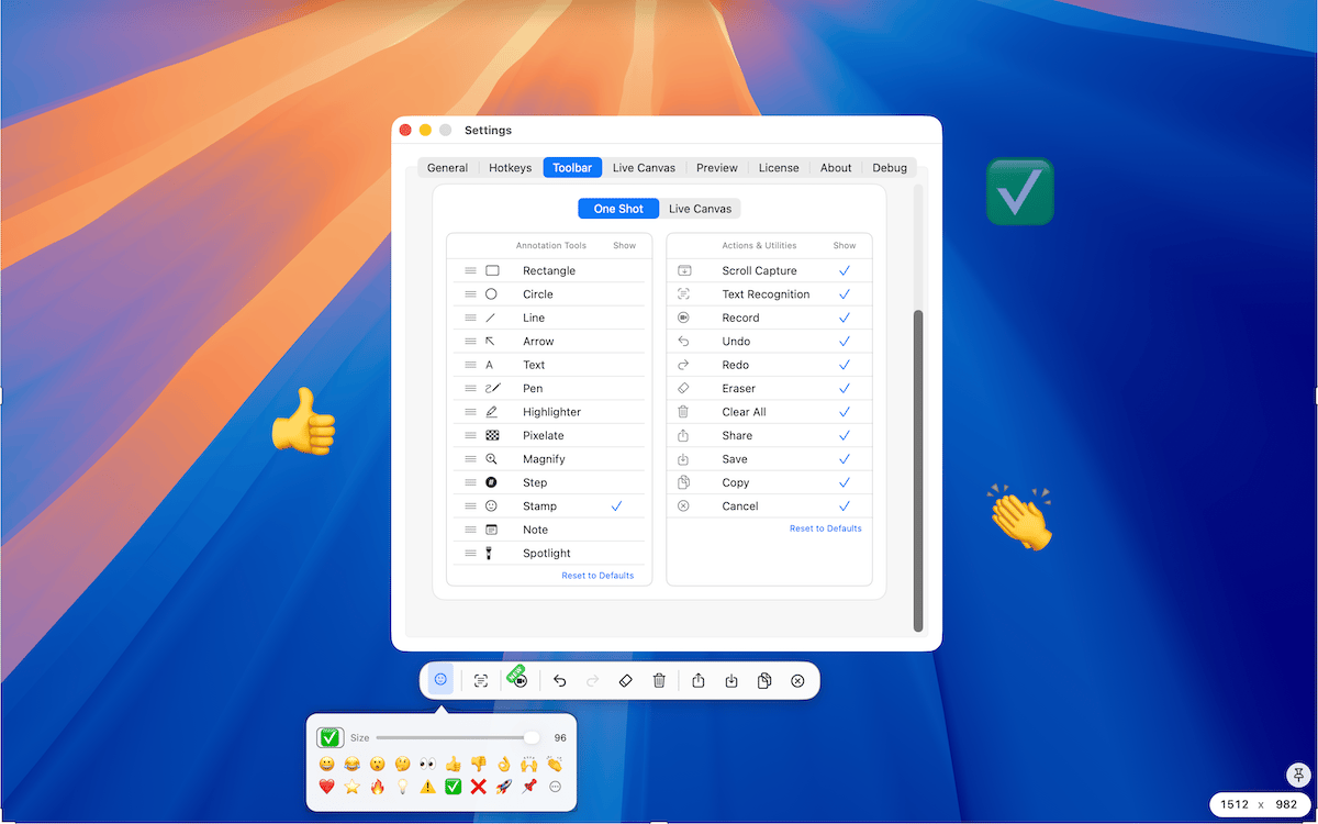 Available with Plus, Customize Toolbar lets you set separate One Shot and Live Canvas layouts, reorder annotation tools, hide unused toolbar items, and reset sections to defaults.