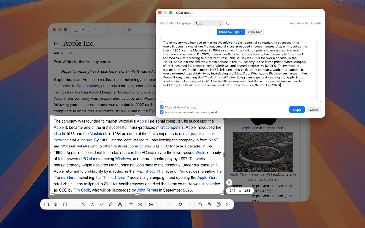 Select a region, review the OCR result, correct or add text, then copy it—on-device across Auto plus 11 languages.