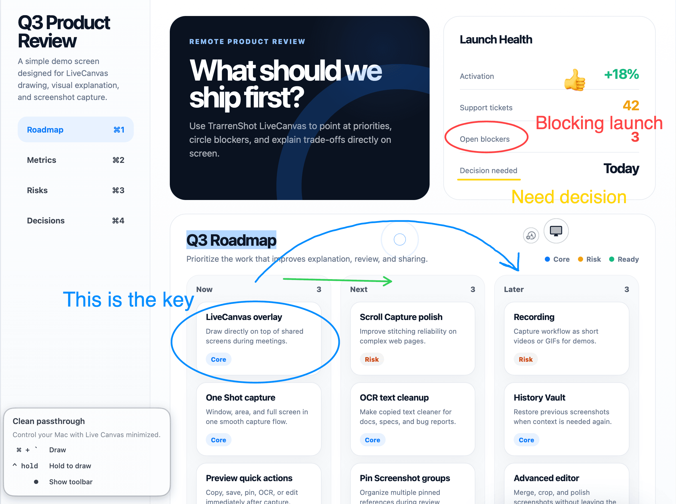 Annotated Q3 product review roadmap shared during a remote meeting